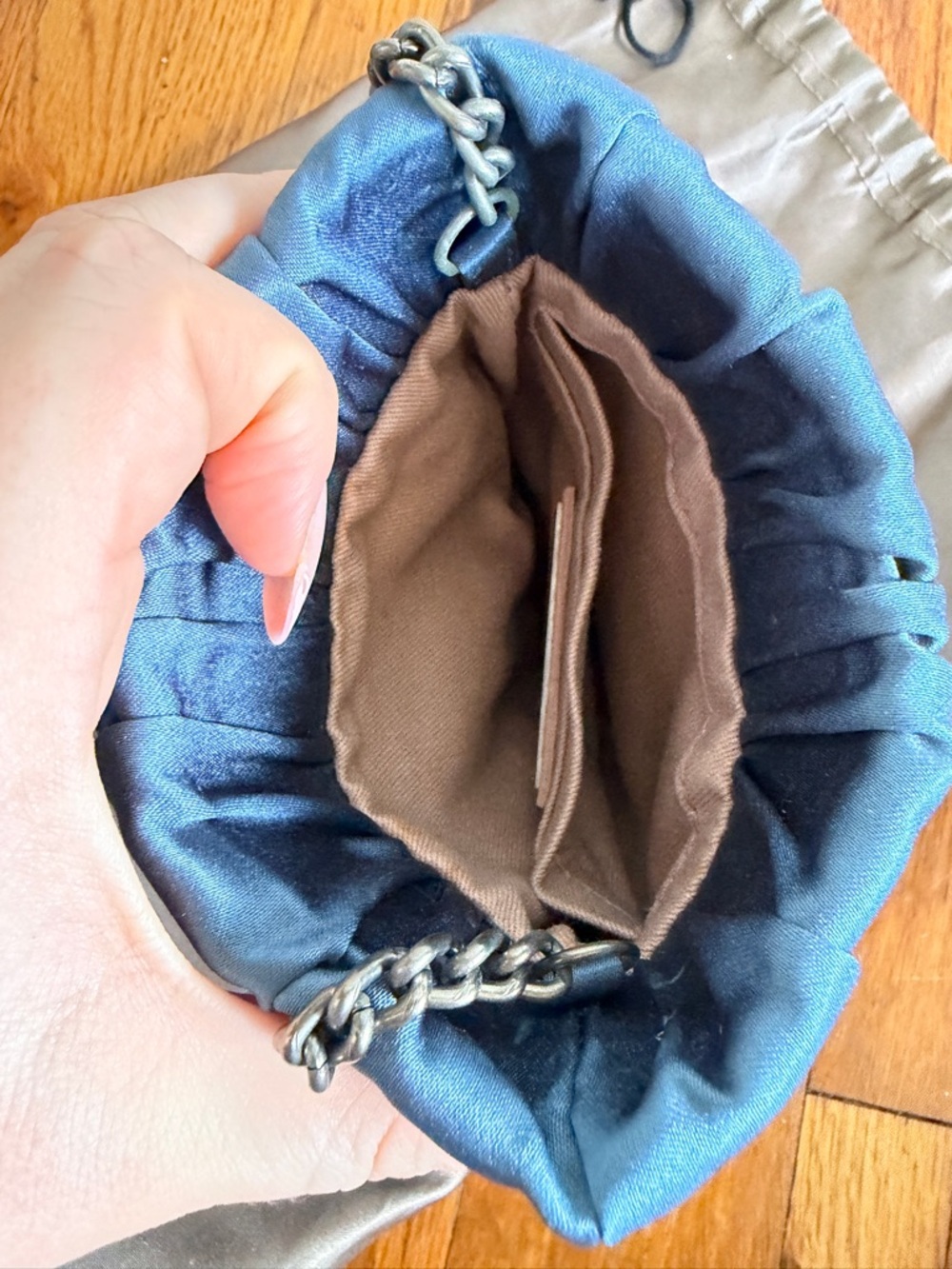 Pura Lopez Steel Blue Satin Ruched Chain Crossbody - Picture 5 of 5